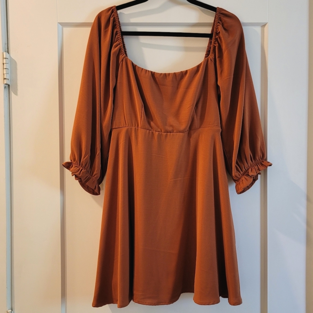 NWOT FOREVER21 TERRA COTA SKATER DRESS WITH PEASENT SLEEVES SIZE L